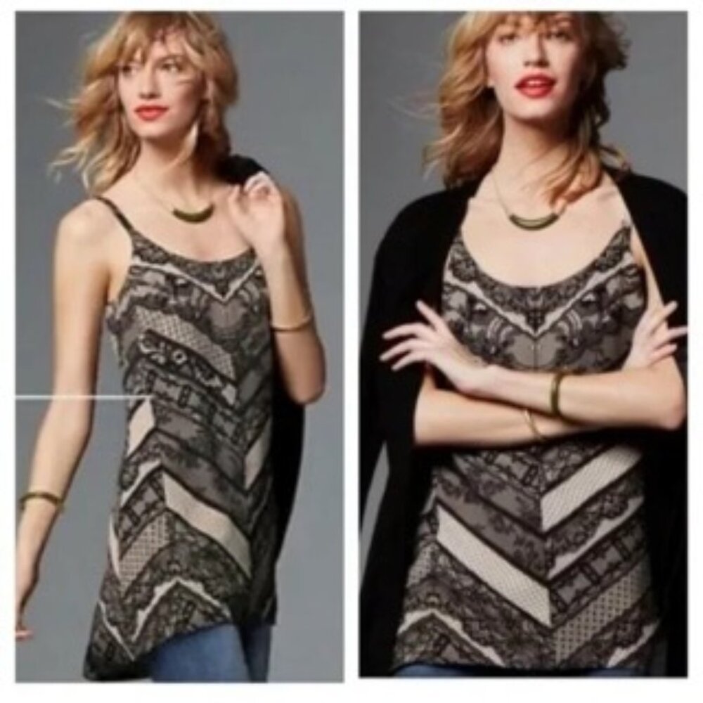 CAbi Monaco Cami Tunic Dress #3278 - Medium, Black/Beige Lace Print